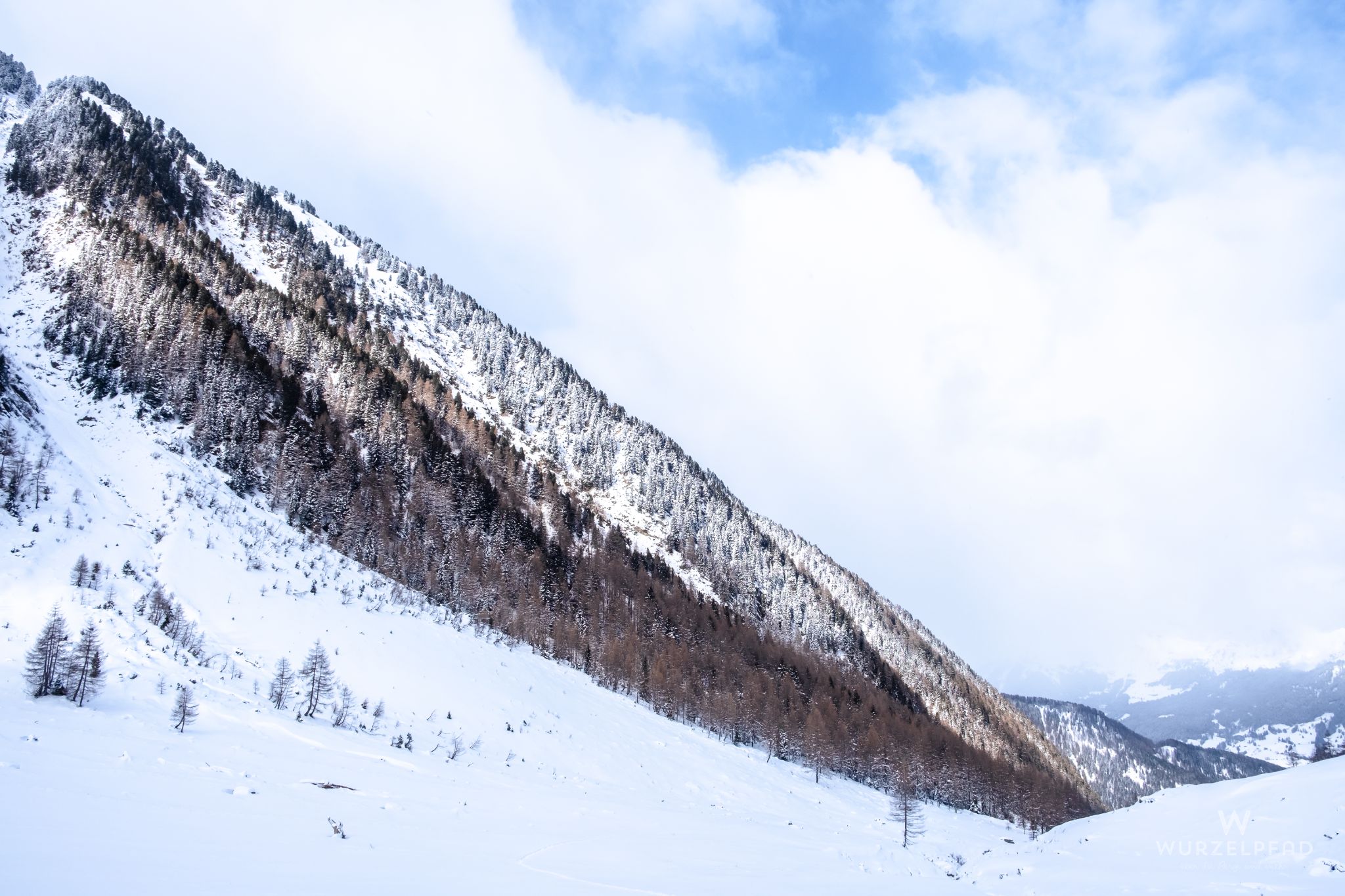 Blick gegen verschneite Hänge
